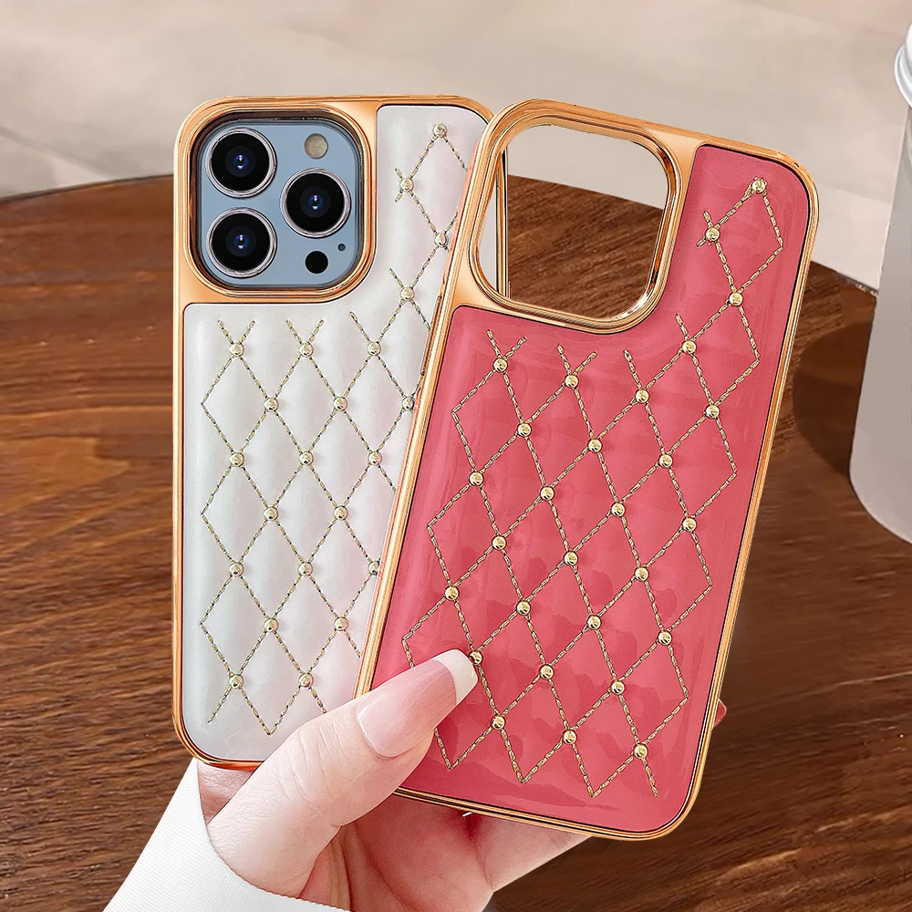 VIETATO Custodia per cellulare in pelle PU placcata da donna per iPhone 13 12 11 pro max, cover per telefono all-inclusive in pelle PU con griglia, rossa