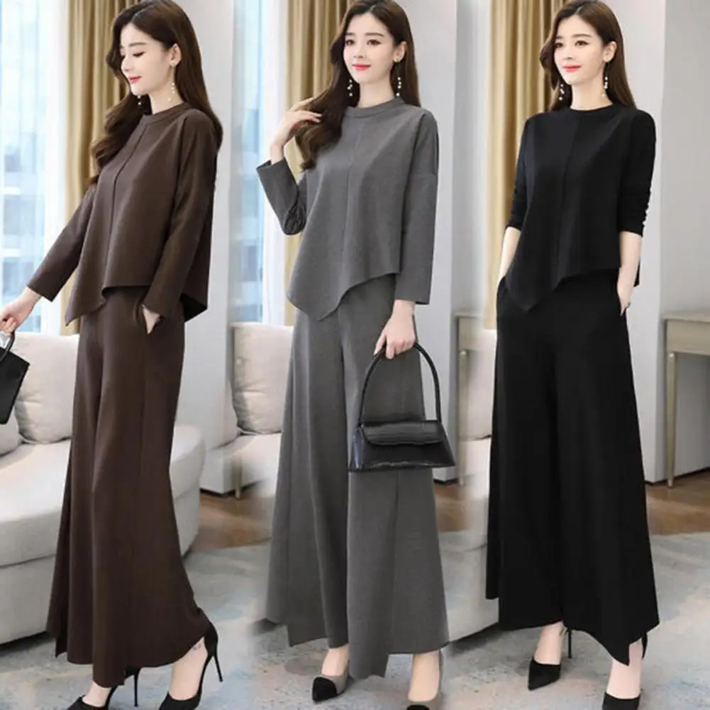 2 Pcs/Set Culottes Top Suit Long Sleeve Blouse High Waist Wide Leg Deep Crotch Loose Trousers Commute Top Trousers Set