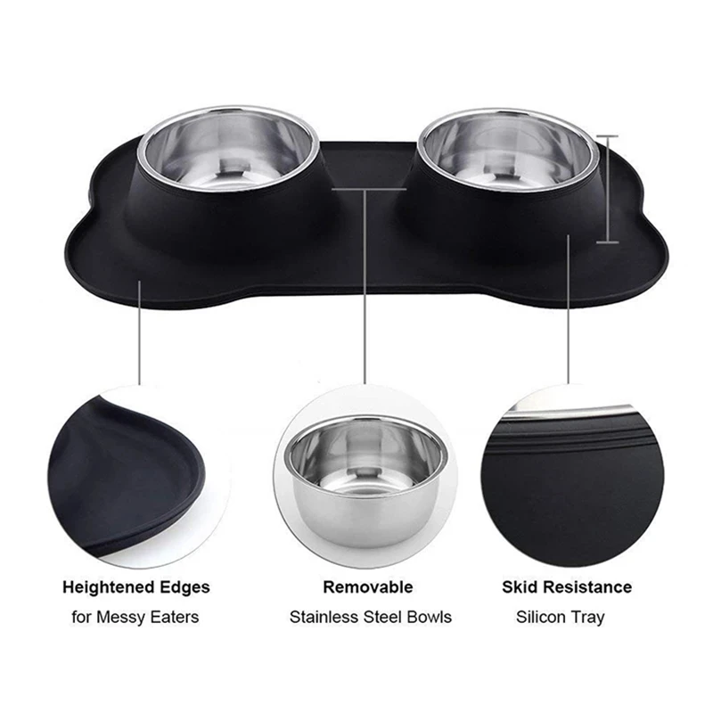 Tigela de cachorro dupla antiderrapante com esteira de silicone, aço inoxidável durável, alimentador de água, pet feeding, tigelas para cães e gatos