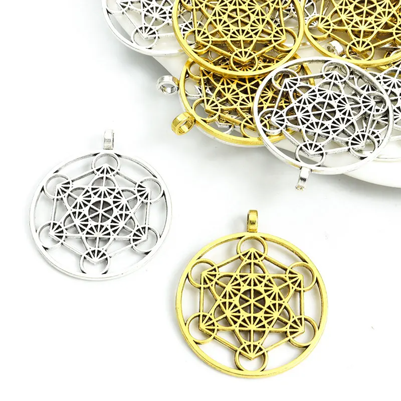 2pcs Vintage Large Archangel Metatron Cube Charms Sacred Geometry Flower of Life Alloy Pendants For DIY Necklace Keychain Amulet