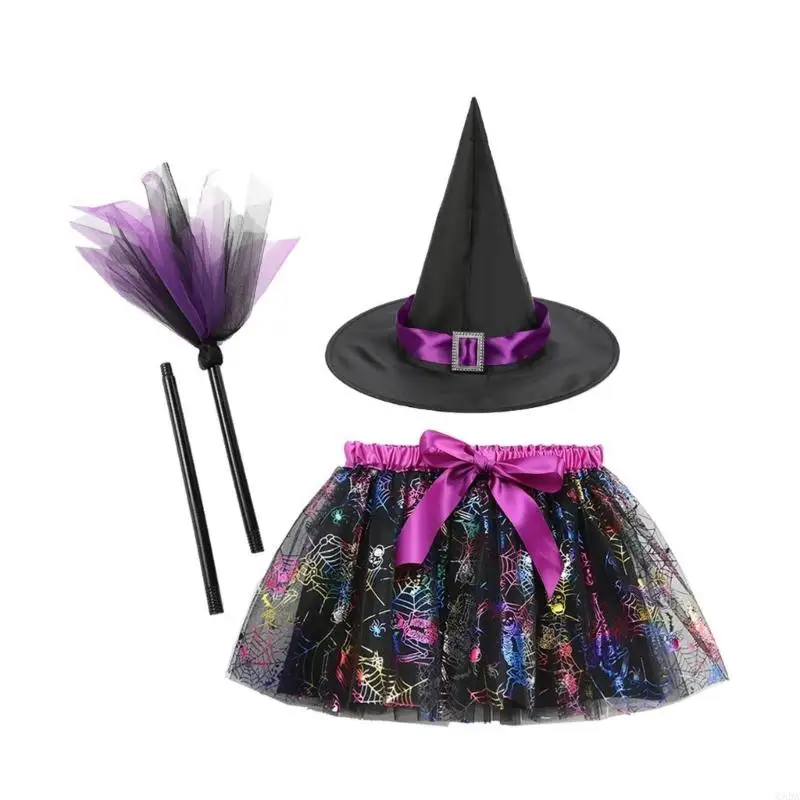 Kids Role Play Witch Costume Set, Layered Skirt with Hat and Broom Prop for Halloween Parties and School Shows 6XDA