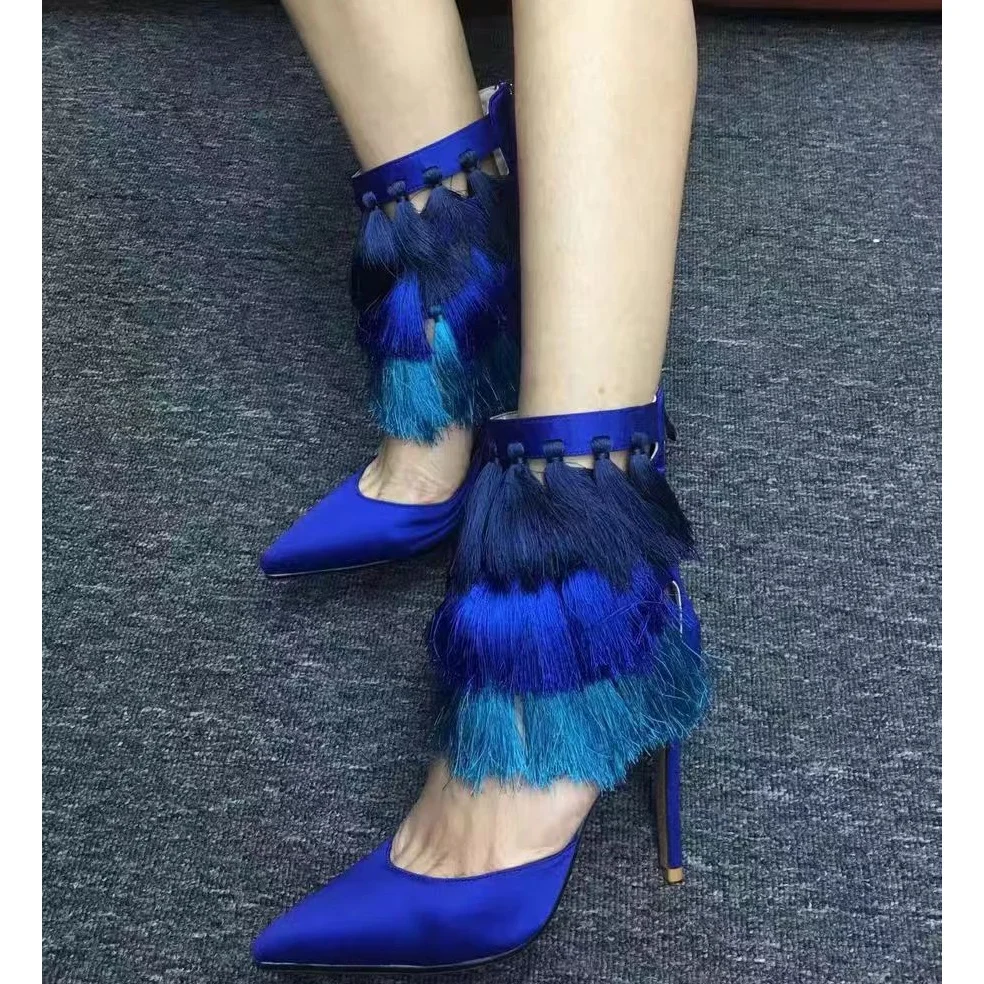 

Blue Tassels Fur Pumps Thin High Heel Hollow Shallow Fashionable Sexy Cool Summer Big Size Woman Shoes Zapatillas Mujer