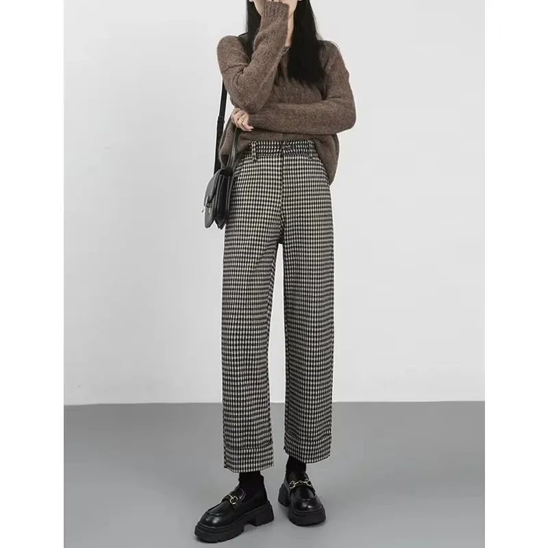 Checkered woolen Harlen pants for women in autumn and winter, small stature high waist, casual straight tube, slim cropped pants