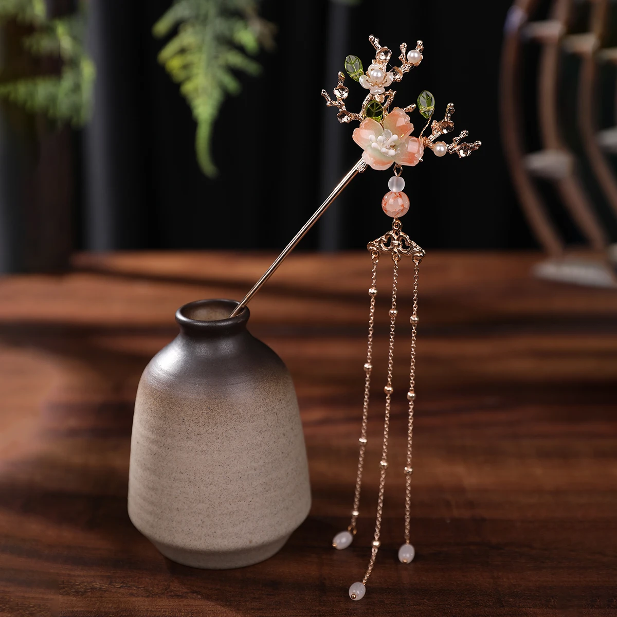 Jepit Rambut Rumbai Mutiara Bunga Merah Muda Gaya Kuno, Jepit Rambut Multi-Harta Karun Elemen Han, Hiasan Kepala Hanfu Seperti Peri, Aksesori Klasik untuk Pemotretan Gadis Muda