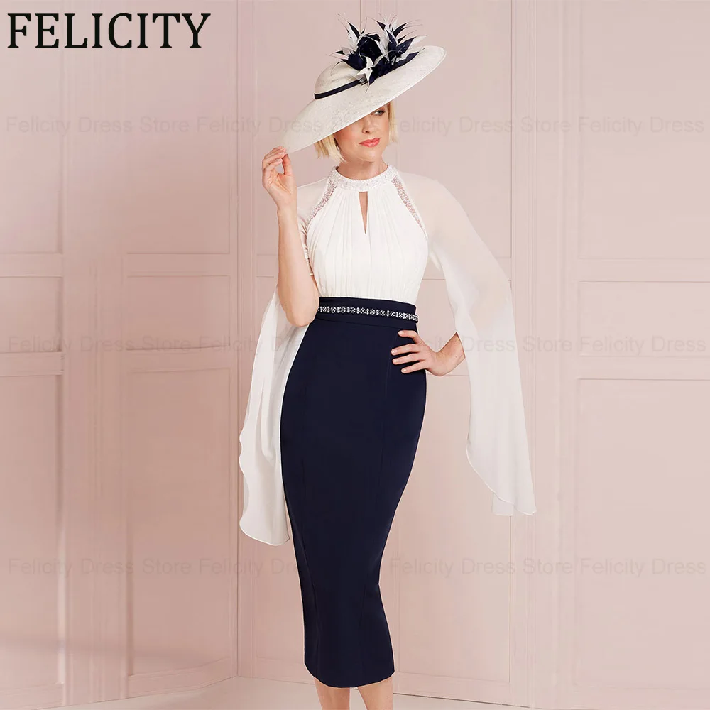 FELICITY Luxury Mother of the Bride Dresses 2024 Sheath High Neck Wedding Guest Dresses Beading Knee-Length Party Evening Gowns