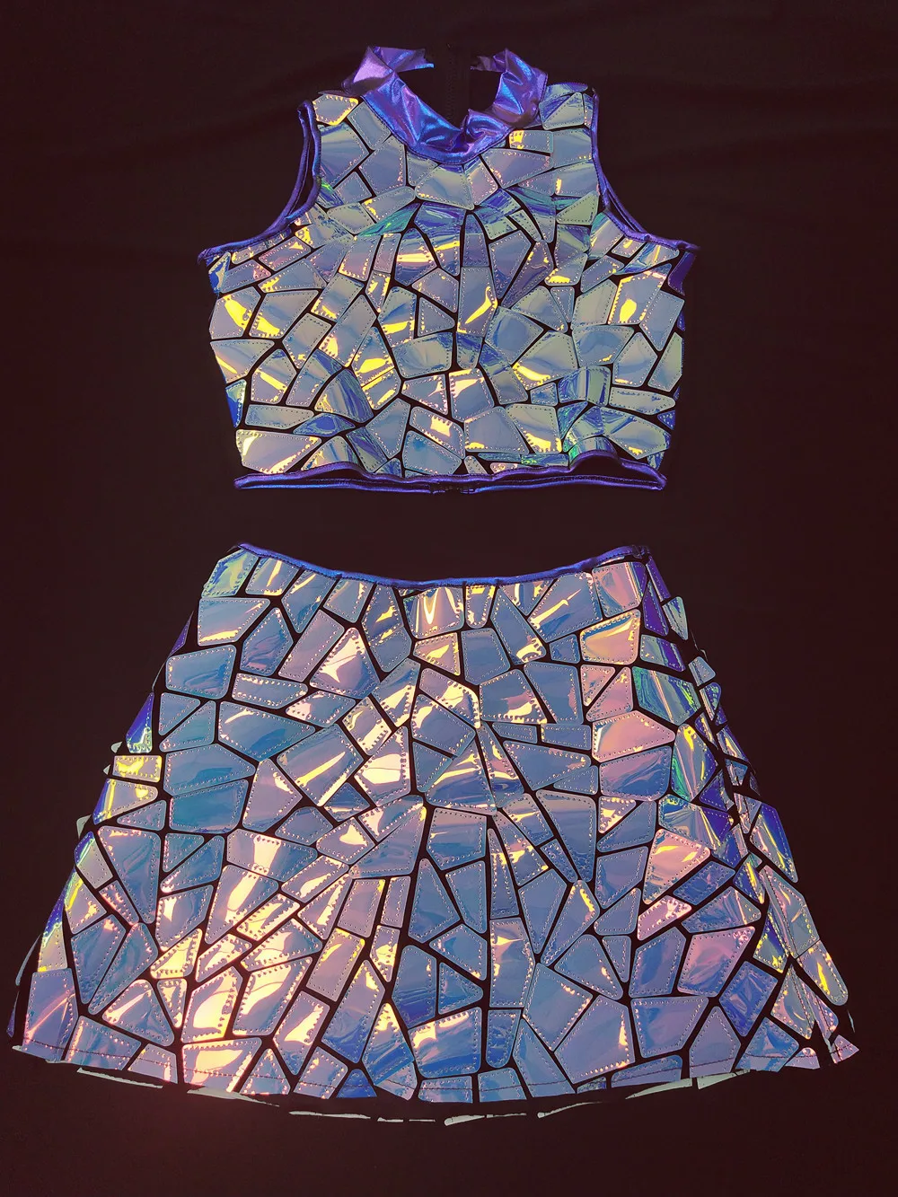 الأرجواني الأزرق الليزر مرآة القمم تنورة 2 قطعة أداء الملابس النساء المغني راقصة بار ملهى ليلي المرحلة ارتداء ملابس رقص الحفلات