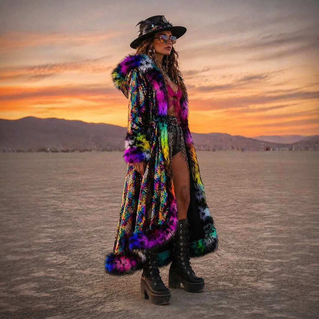New Led Jacket Faux Fur Long Coat Sequins Hooded Fluffy Warm Winter Patchwork Costume Stage Dance Party Cosplay Outerwear