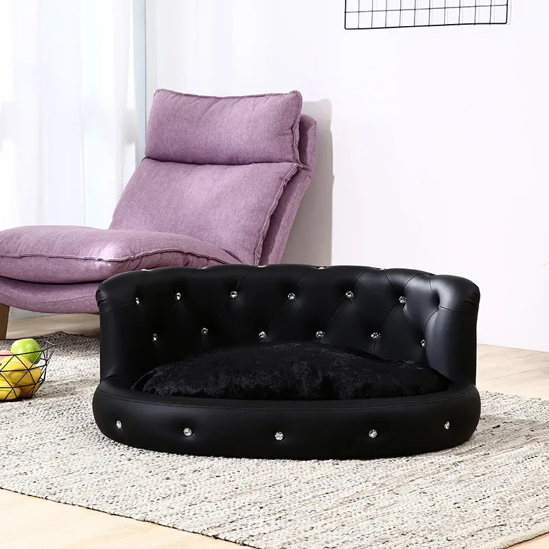 2022 Factory Custom OEM Diamond Luxury Leather Dog Large Wood Cat Sleeping Round Rattan Pet Bed Sofa