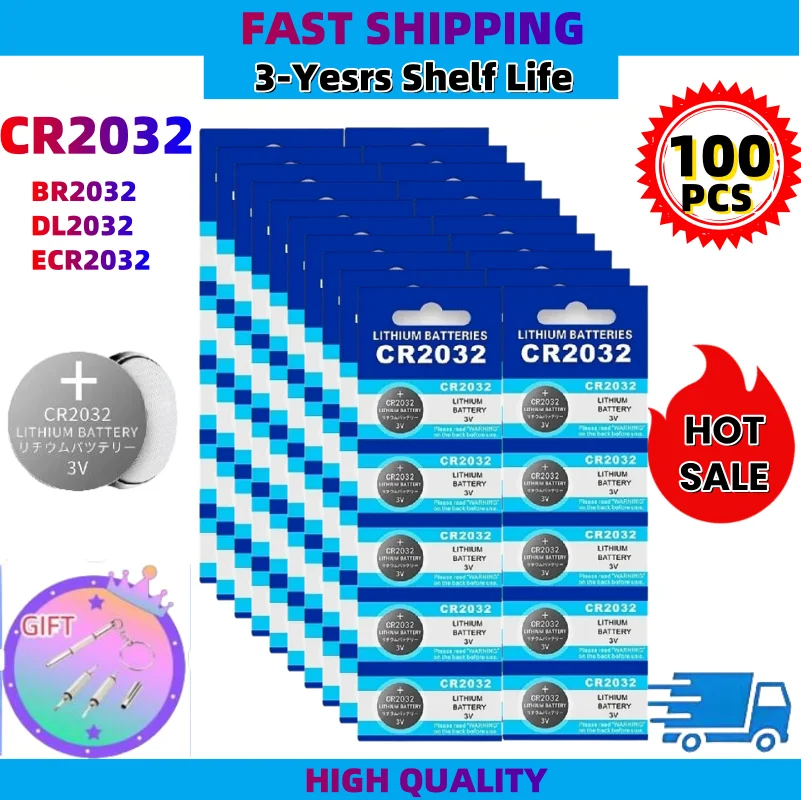 100Pcs CR2032 button cell 2032 BR2032 DL2032 SB-T15 cr 2032 EA2032C ECR 2032 3V lithium battery coin batteries 220mah  3V