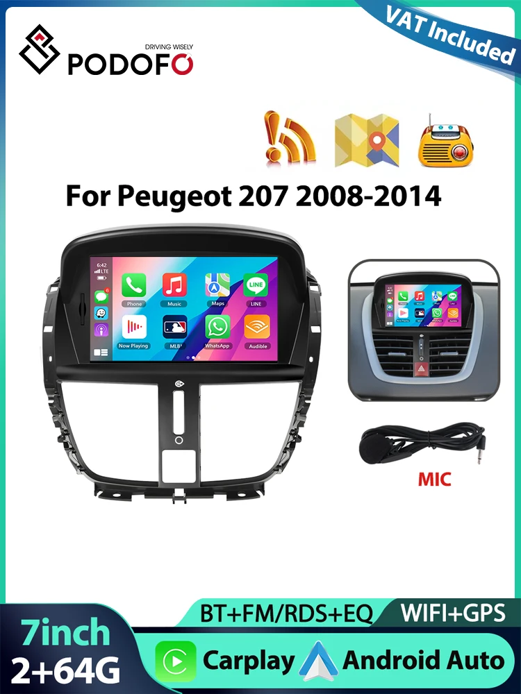 Radio samochodowe Podofo 7'' 2+64G do Peugeot 207 2008-2014, odtwarzacz multimedialny z Carplay, Android Auto, nawigacją GPS, WIFI, FM/RDS, USB, Mirror Link, audio samochodowe — 2