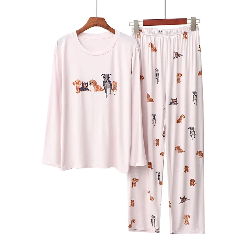 2024 Spring Summer Pajamas for Women Cotton O-neck Long Sleeve Trousers Homewear Suit Cute Cartoon Print Loose Casual Sleepwear