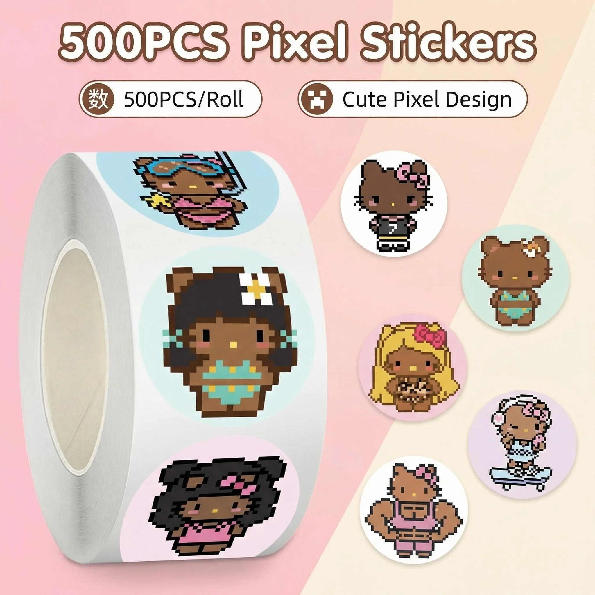 

500pcs/Roll Black Hello Kitty Sanrio Stickers Roll DIY Skateboard Laptop Guitar Phone Car Seal Label Decals Decoration Stickers