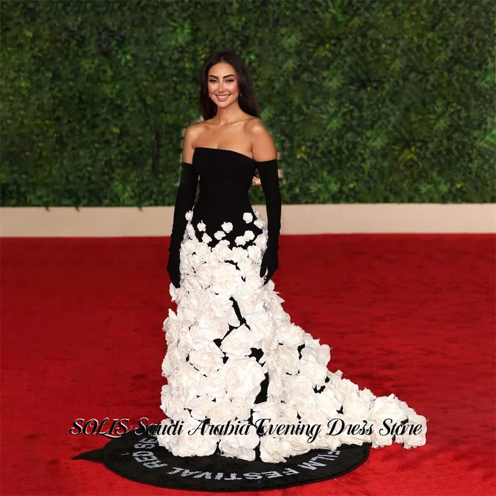 SOLIS Black and White Evening Dresses Strapless Formal Gown A Line Night Dresses with 3D Floral Train Prom Dresses Customized