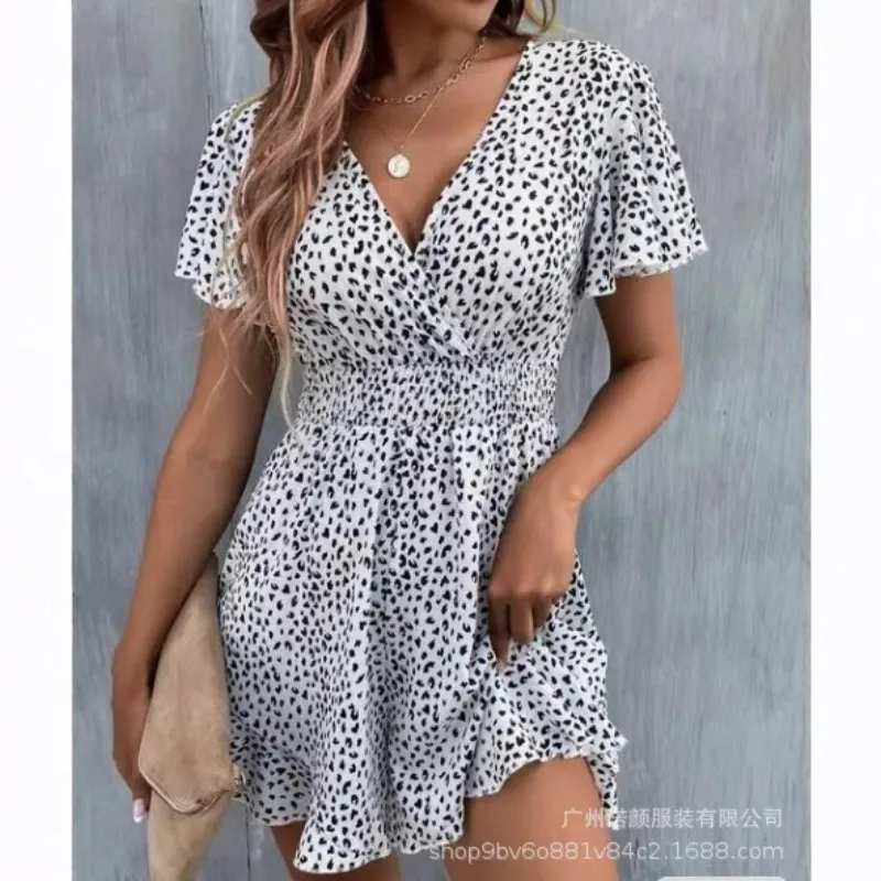 Spring and Summer New Hot-selling Sexy V-neck Lotus Leaf Sleeve Waist Dress Streetwear  Mini Dress  Birthday Dress for Women