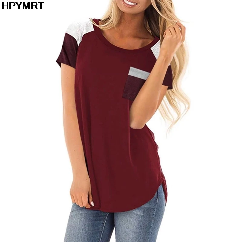 

New Wine Red Striped pocket stitching loose short sleeve T-shirt top women tshirt harajuku color t-shirt female streetwear