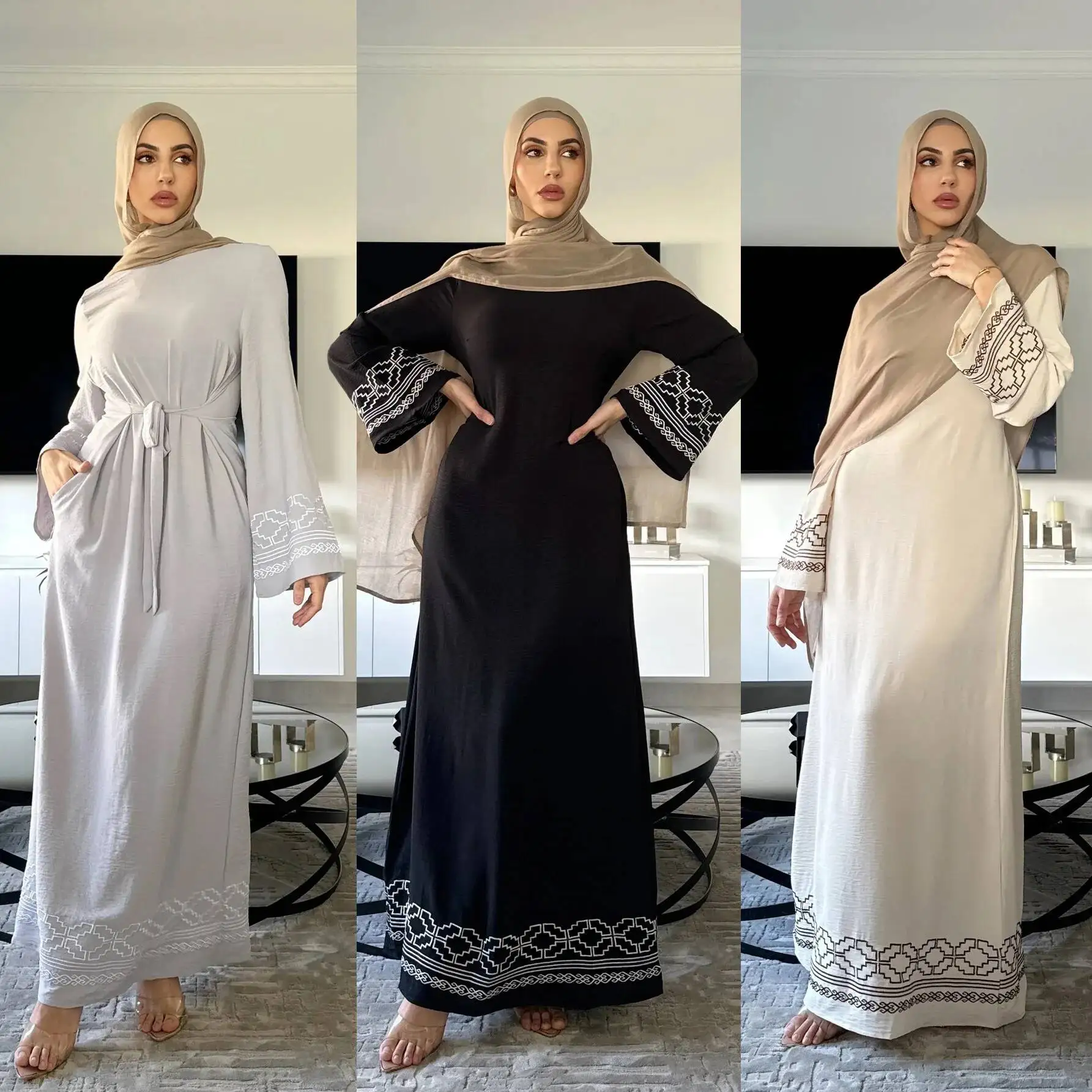 

2212# Women's Robe Fashion Horn Sleeve Boutique Embroidered Long Dress Muslim Dress Abaya Ramadan Dubai Luxury Islam Elegant