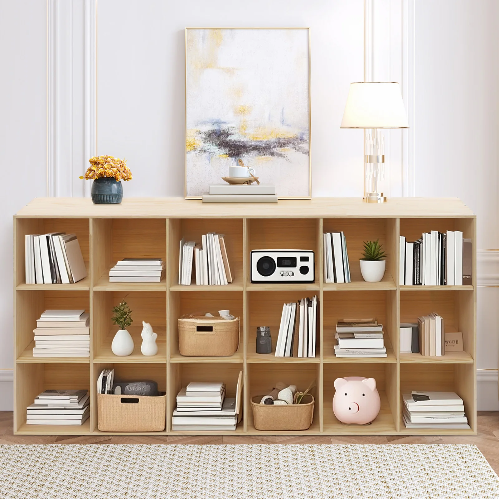 خزانة كتب ذات رف تخزين ملون مكونة من 3 طبقات، خزانة عرض مثبتة على الأرض مع 18 حجرة للمنزل وغرفة المعيشة والمكتب والدراسة