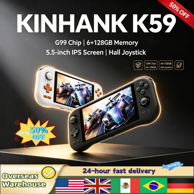 KINHANK K59 Handheld Game Console G99 Chip 5.5 inch IPS HD Screen 6+128GB Android 14 5000mAh Battery Support PSP PS1 Games Gift