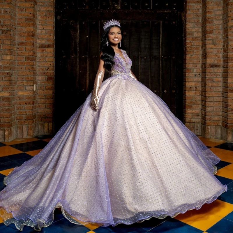 

Lavender Shiny Quinceanera Dresses Ball Gown Off The Shoulder Beading Crystal Champagne Lining Corset Sweet 16 Dress Vestidos 15