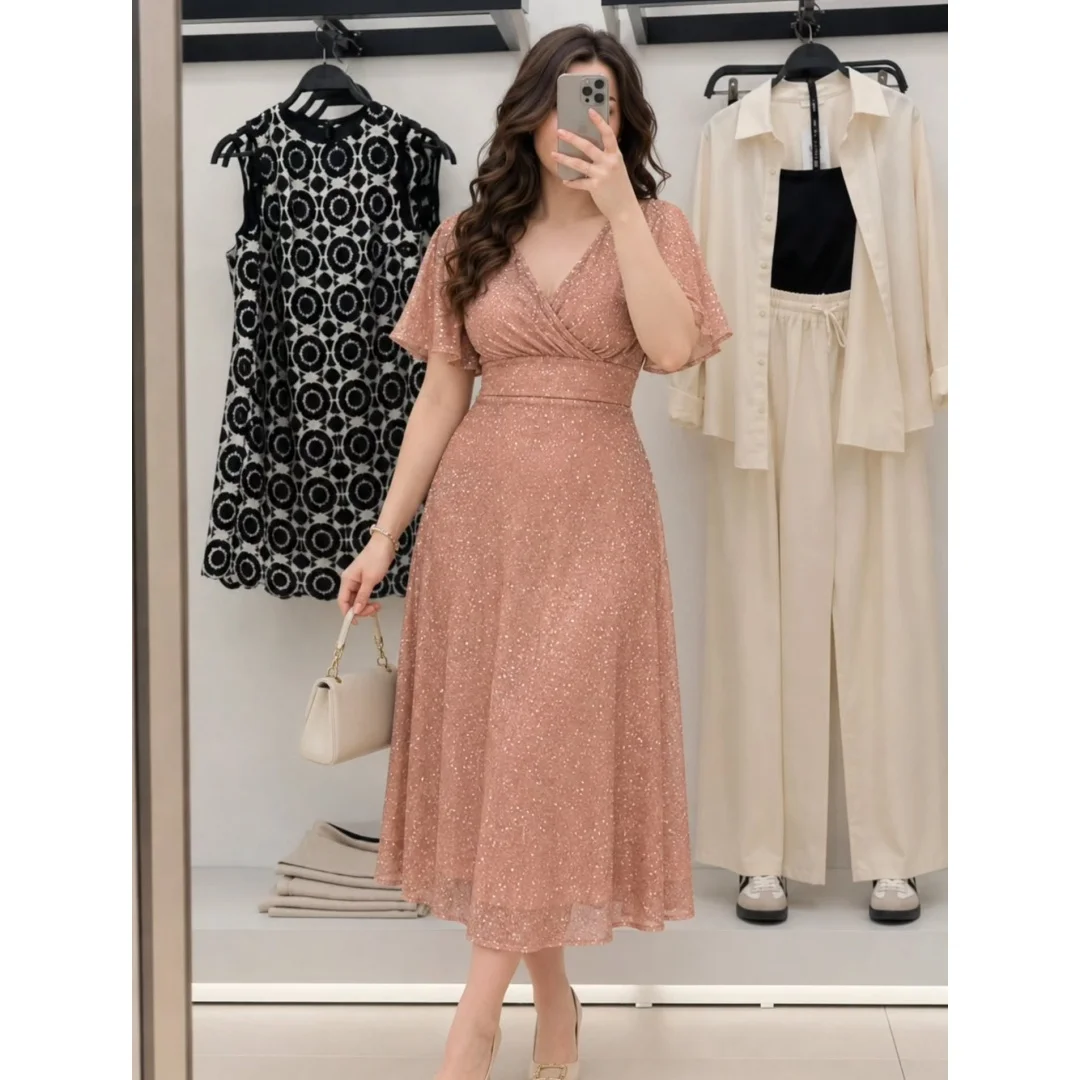 Mina Customized Bean Paste Pink V-neck Short Sleeves Woman Dresses for Special Occasions Wedding Guest Dresses 2026 Trends Prom