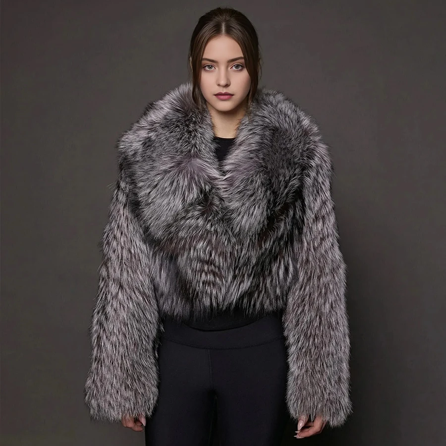 

Real Fox Fur Jacket With Collar Short Natural Silver Fox Fur Jacket Women's Cropped Fur Coat High Quality Genuine Fur Coat