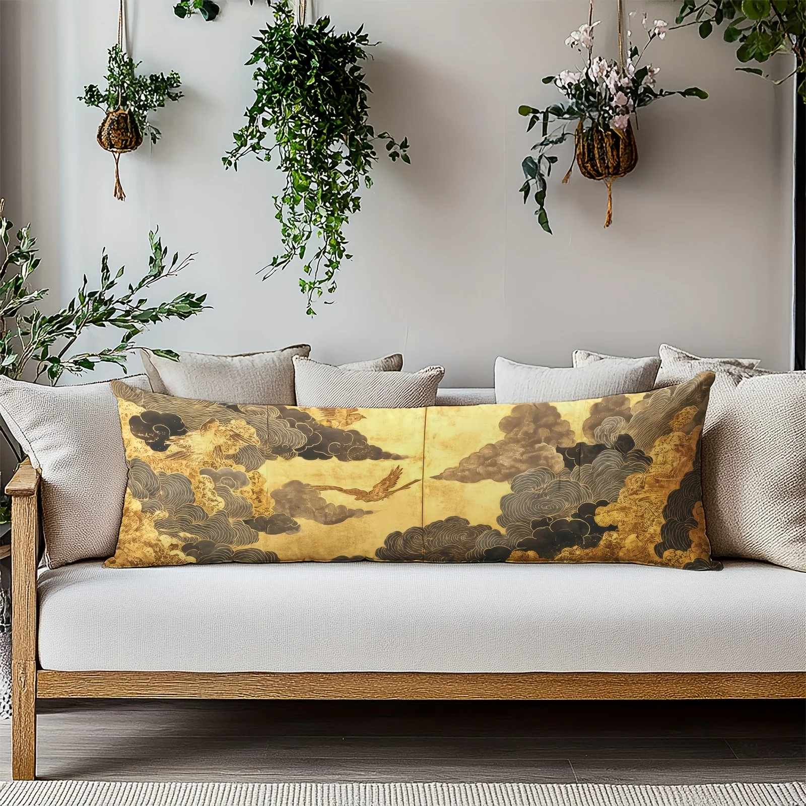 Japanese-style Bird and Cloud Pattern Printed Long Pillowcase, Home Decor, Body Pillow Cover, Bed Pillowcase, Asian Style, Golde
