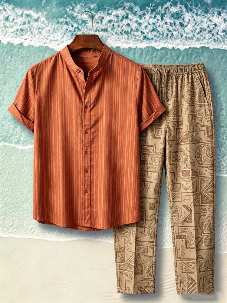 

Men Vertical Stripe Stand Collar Short Sleeve Shirt Paisley Geometric Print Drawstring Long Pants Casual Two Piece Outfit Set