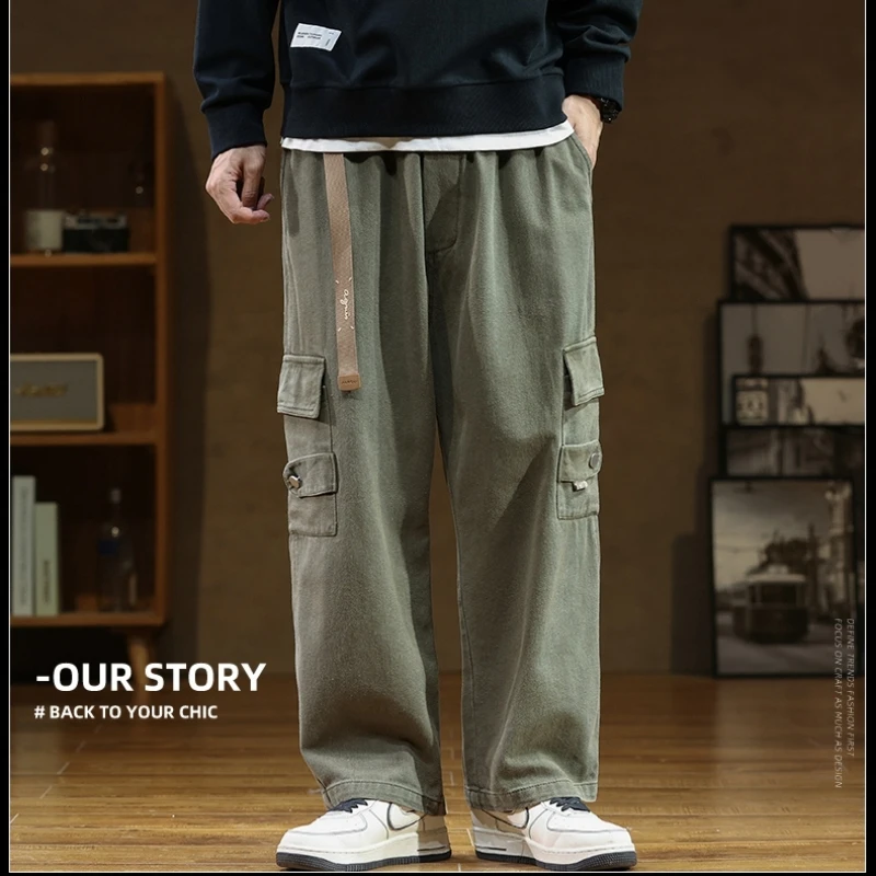 2023 Autumn New Wide Leg Pocket Cargo Pants Men Trousers Neutral Loose Casual Cotton Straight Outdoor Fashion Pants Big Size