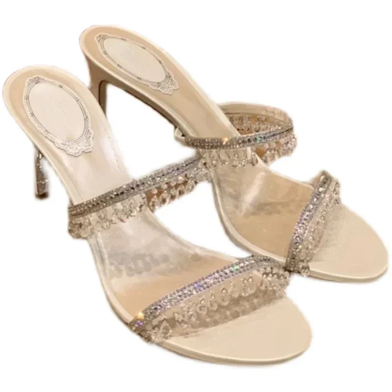 2024 Summer New Sandals with Transparent Crystal Rhinestones High-heeled Stiletto Women\'s Slippers