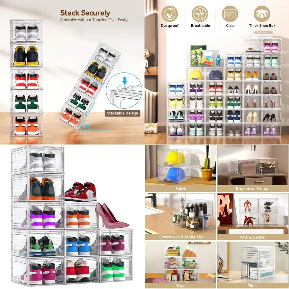

9-Pack Clear Large Shoe Storage Boxes for Closet, Thick Hard Plastic Stackable Organizer, Easy Assembly, Shoe Rack Display Case