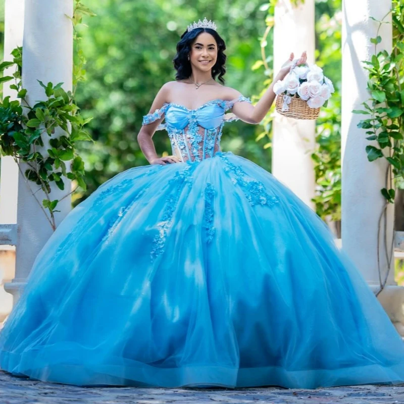 

Sky Blue Shiny Quinceanera Dresses Off The Shoulder Applique Flower Beading Crystal Party Birthday Sweet 16 Dress Vestidos 15
