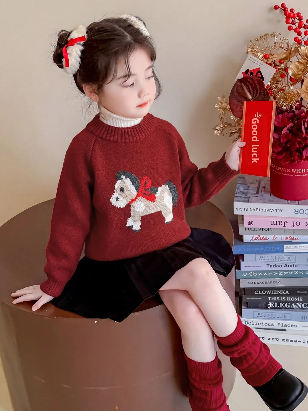 

Красный новогодний вязаный свитер Thiened Long Sve, зимняя одежда для девочек, новинка 2025, повседневный свободный топ с верхом