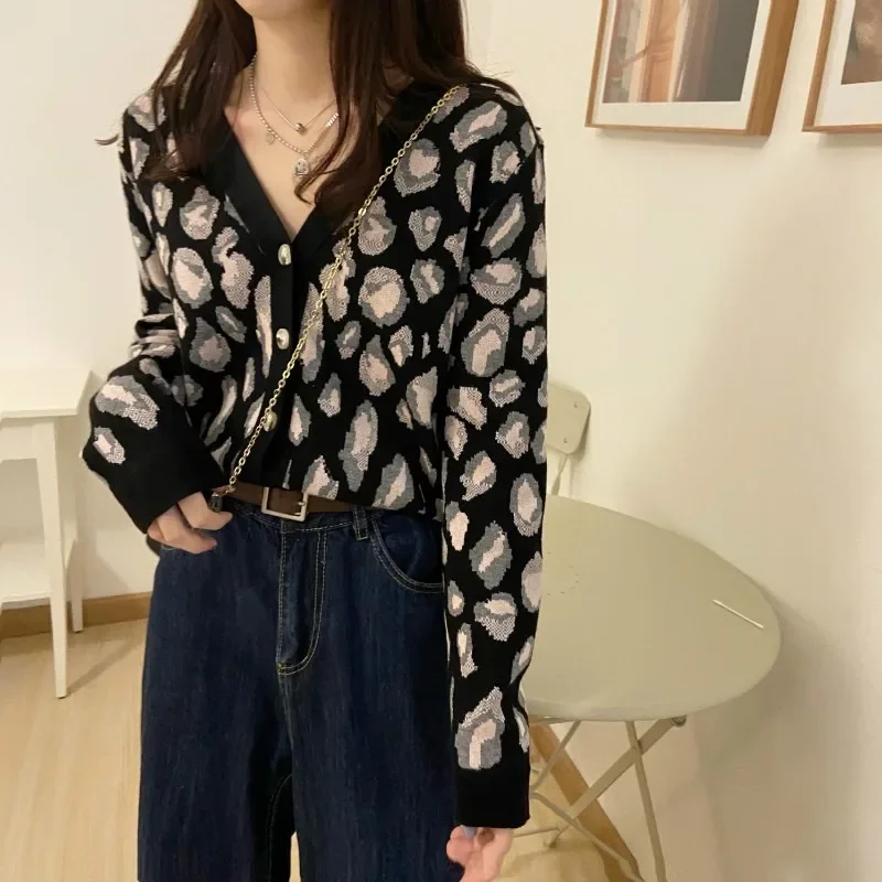 Short Leopard Print All-match Coffee Sweater Cardigan 2021 Fall and Winter New Outerwear Jacket Knitwear Long Sleeve Base Top