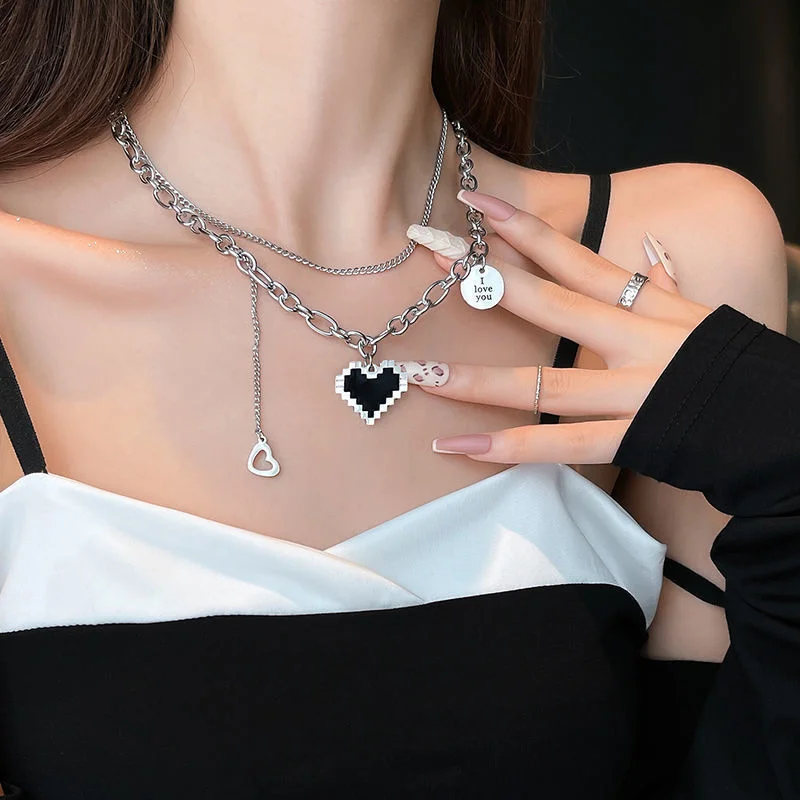 2022 New Harajaku Fashion Women Pendant Necklaces Double Link Chain Metal Black Heart Grunge Necklace Party Grunge Jewelry Gift