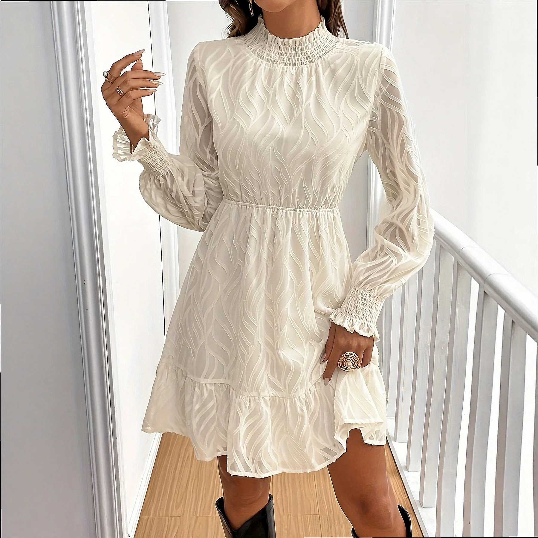Women's Elegant Dress with Wave Pattern High Neck Ruffle A-Line Dresses for Spring Summer