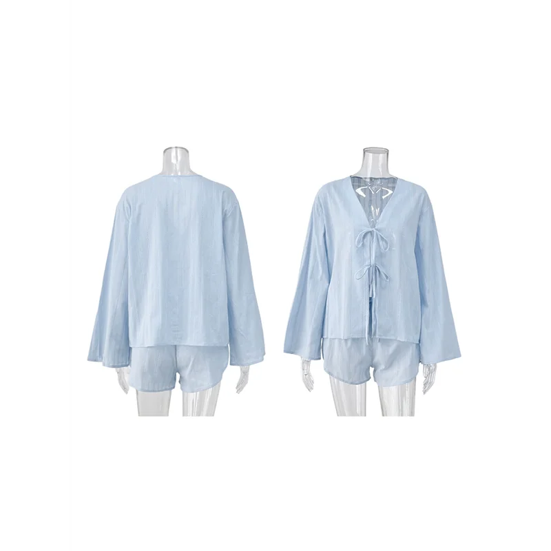 

Women's Summer Pajama V-Neck 2-Piece Outfit Long Sleeve Shirt Matching Loose High Waist Mini Shorts Sets Blue L-A55G