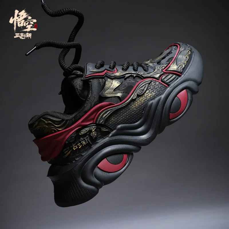 Men Wukong Chainmail Inspired Dad Shoes 2026 Chinese Low Top Rubber Sole Light Height Increasing Casual Street Sneakers Black