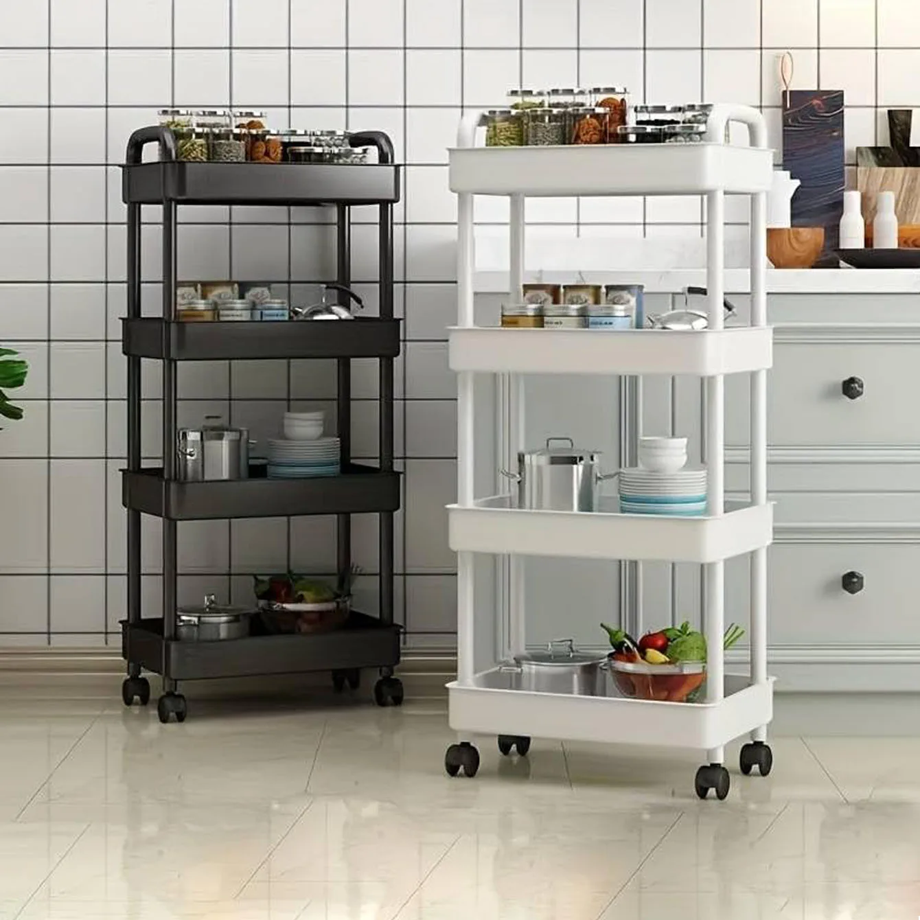 4-Tier Rolling Storage Cart w/Wheels - Mobile Organizer for Kitchen, Bathroom, Office - Sturdy Handle & Multi-Use Space