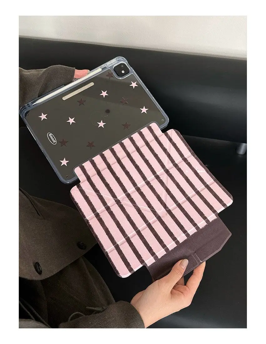 

Pink Brown Stripes iPad Case For iPad Pro 11 13in 2025 iPad Pro 12.9in Air7 10th 11th M4/5 MINI Anti-fall Magnetic Buckle Cover