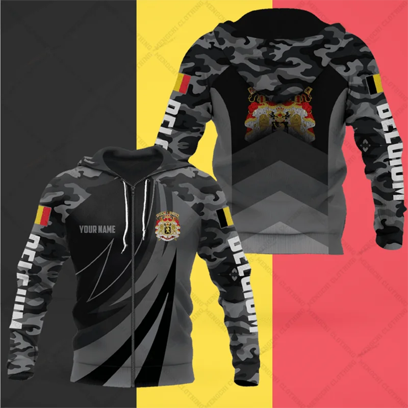 

Custom Name Belgium Emblem Camouflage Zipper Hoodies Loose Unisex Oversize Sweatshirts Winter Casual Streetwear Top Pullover