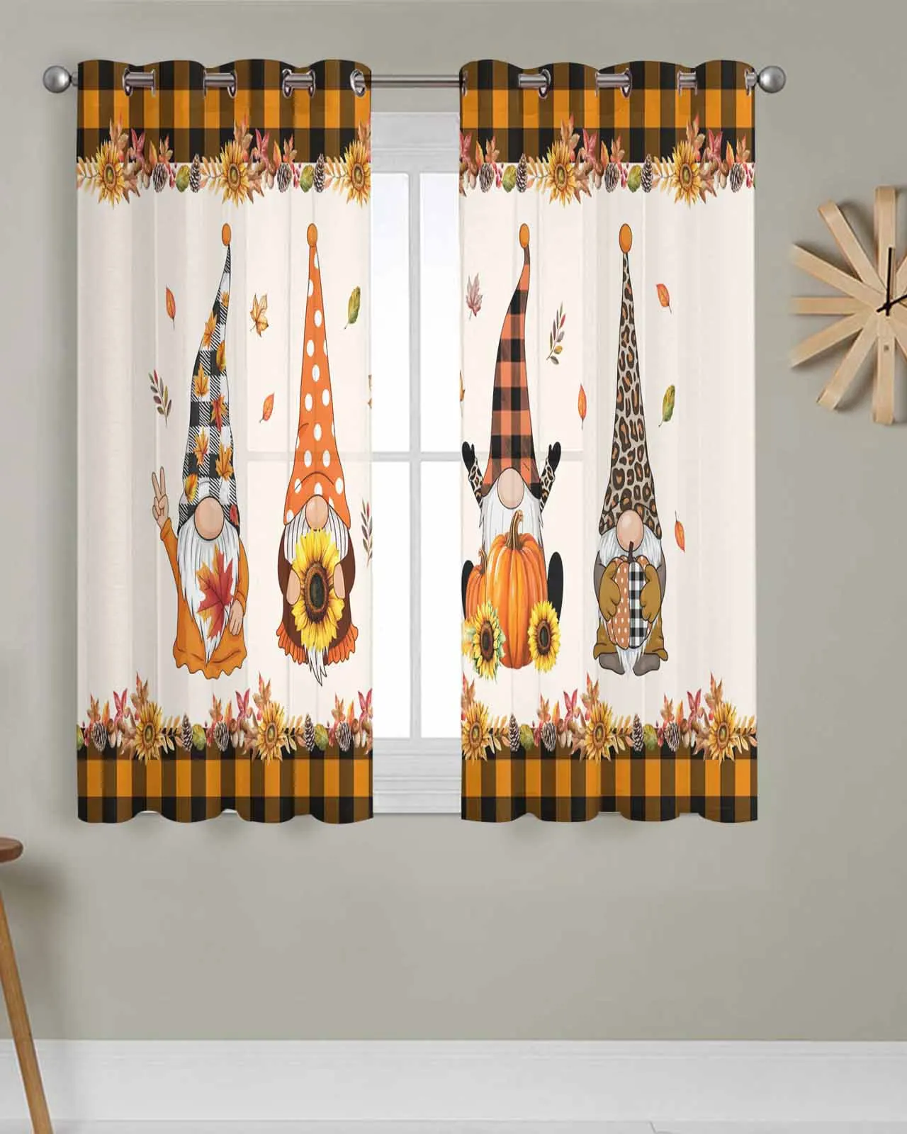 

Tulle Window Curtains Thanksgiving Sunflower Gnome for Living Room Bedroom Transparent Chiffon Sheer Voile Window Curtain
