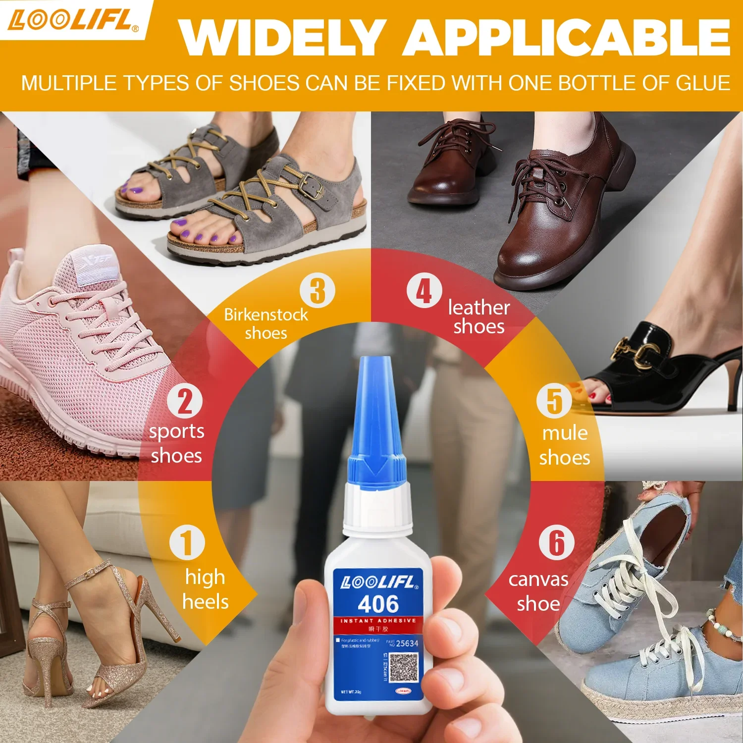 LOOLIFL 0.7oz 406 Super Schoenlijm, Instant Lijm voor Schoenmakers, Instant Lijm voor Alle Schoenreparaties, Krachtige Hechtende Vloeibare Lijm, Gratis Precisie Verdeler.