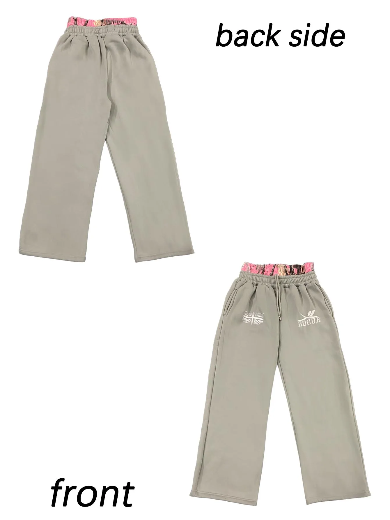 Light Gray Wide Leg Sweatpants For Women, Pink Camo Leopard Waistband Union Jack Letter Print Drawstring Casual Trousers