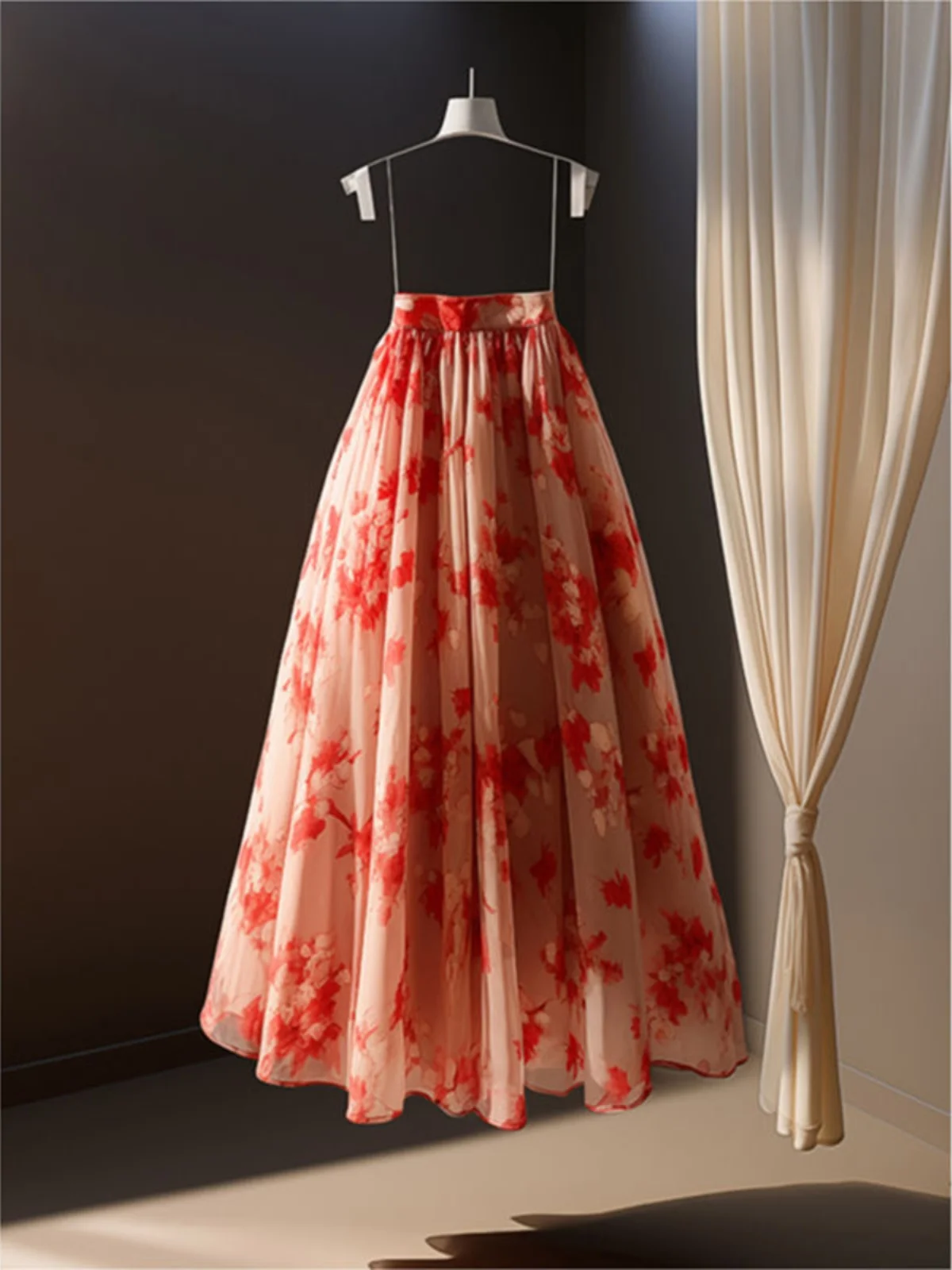 

Elegant Floral Print A-Line Midi Skirt Women's High Waist Draped Style Commute Polyester Summer New Arrival Fairy Tale Series