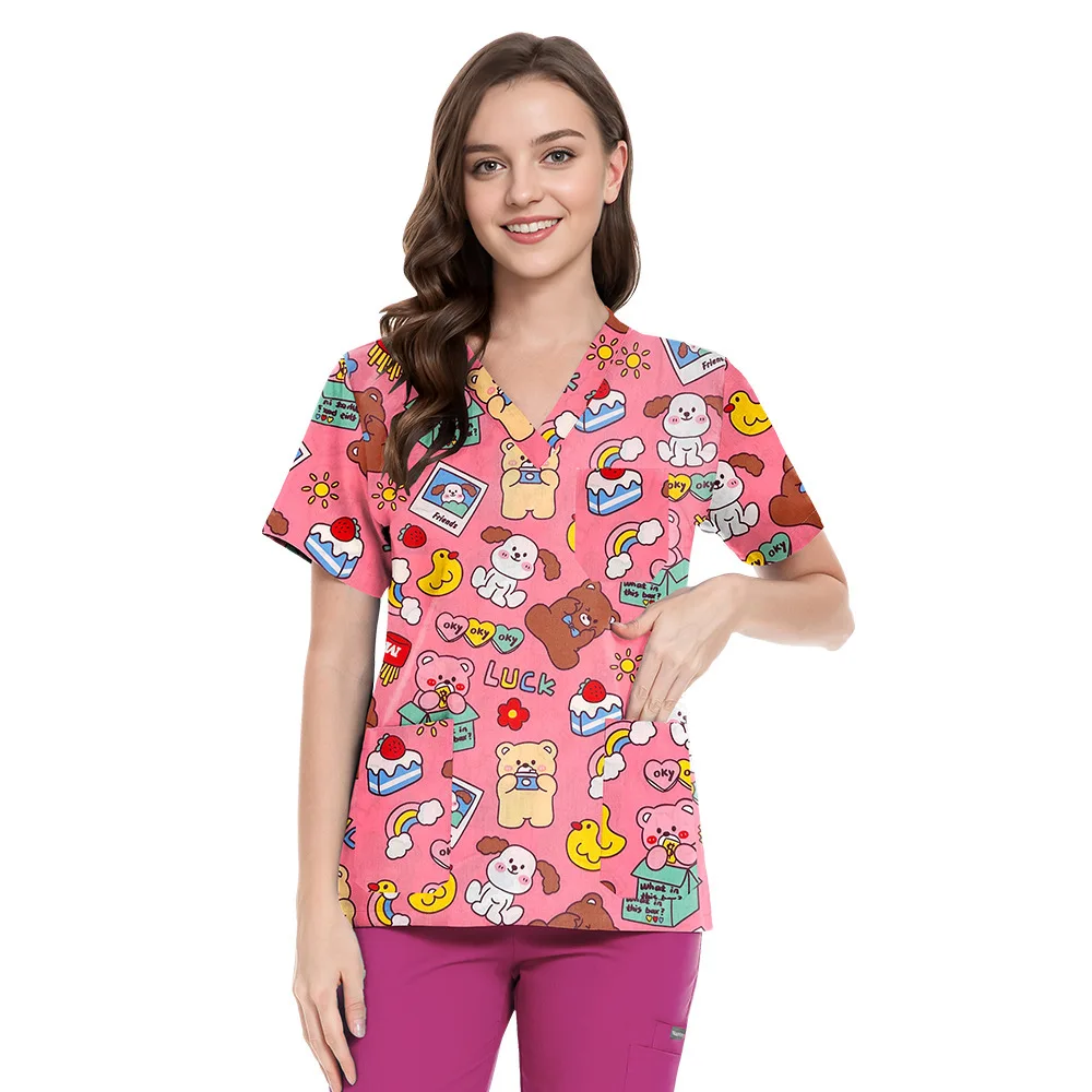 V-Neck Short Sleeved T-Shirt Top With Cartoon Print Nurse Uniform Surgical Gown For Men And Women