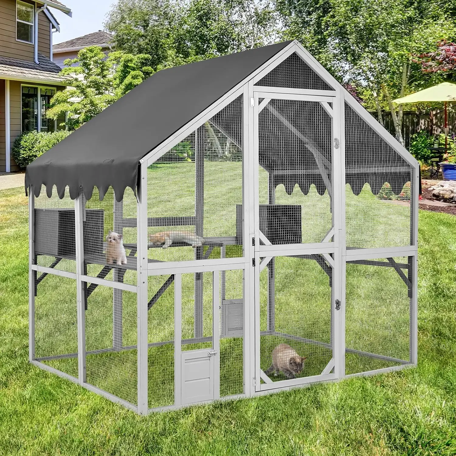 Catio Outdoor Cat Enclosure House Large for Multiple Cats Wooden Cat Condo Cage for Outside with Waterproof Roof Playpen