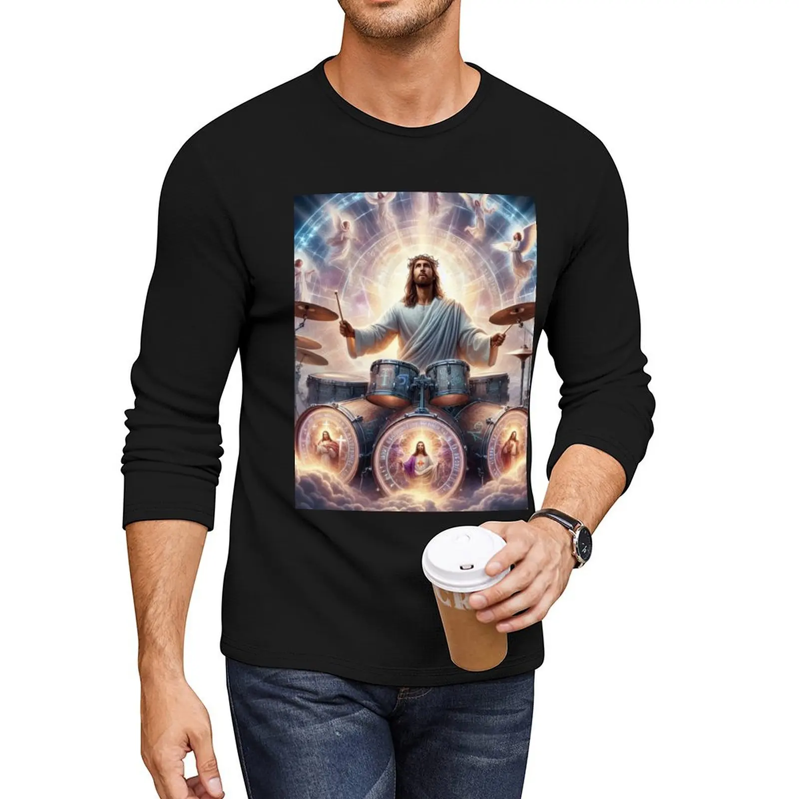 

JESUS DRUMMER: JESUS PLAYING DRUMS Длинная футболка с графическим рисунком, футболки на заказ, милые топы, черные футболки, одежда для мужчин