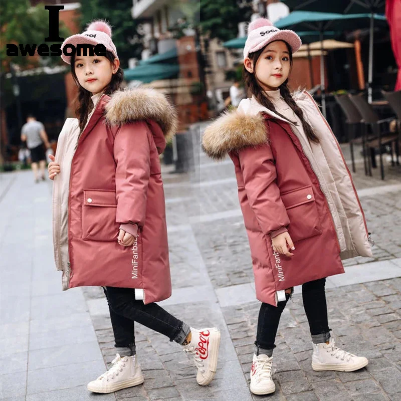 

2022 New Winter Warm Girls Long Jacket Fashion Fur Collar Hooded Teen Girl Parka Coat Snowsuit Children Outerwear Clothing 4-13Y