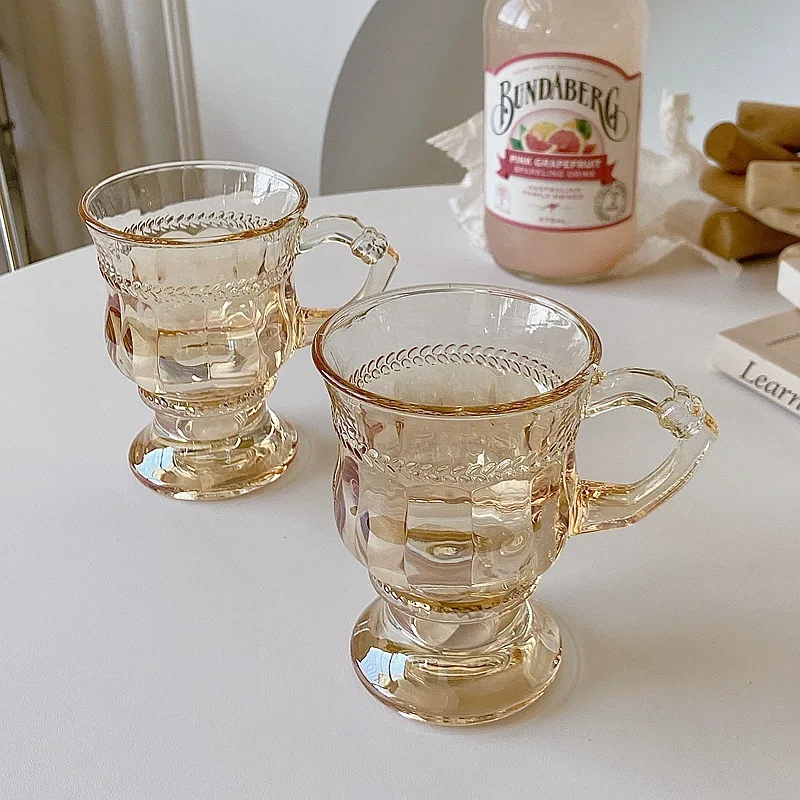 

Vintage Coffee Mugs Set of 2 Amber Glass Tea Cups for Latte Yogurt Beverage Christmas Thanksgiving Day Gifts