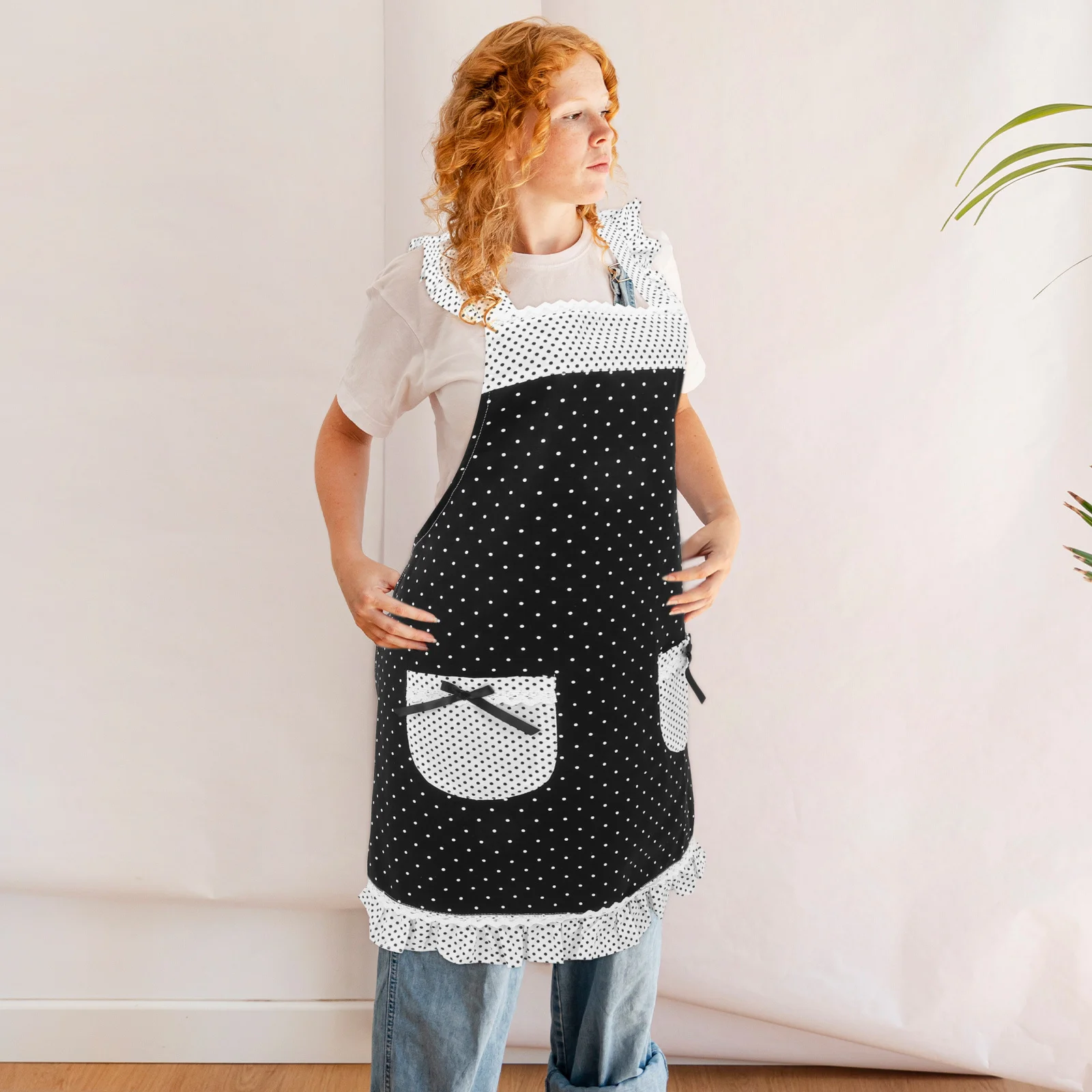 

Black Retro Lace Polka Dot Apron Vintage Style Kitchen Cooking Maid Waist Half Apron For Women Housewife Cleaning With